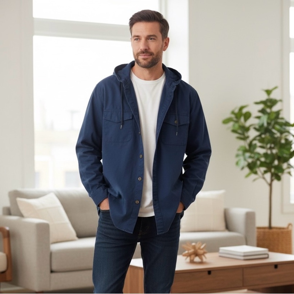 Liz Claiborne Blue Hooded Button-Up Shirt Jacket